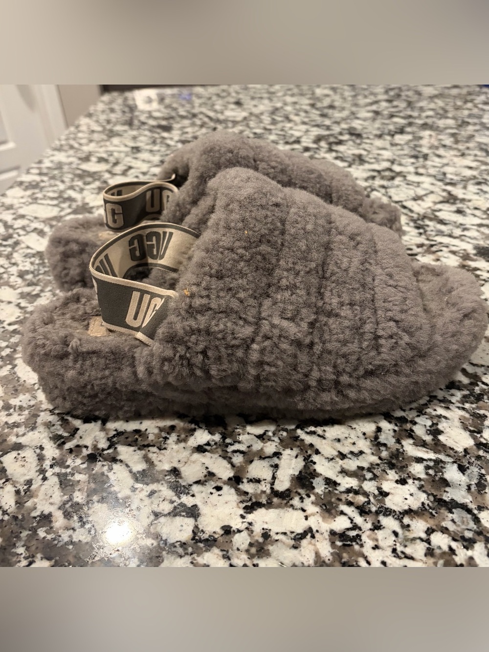 UGG Gray Fluff Yeah Slide Mules with Logo Strap